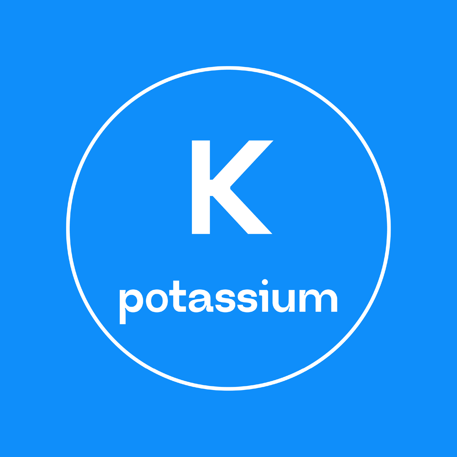Potassium symbol 'K' in a white circle on blue background, representing the second electrolyte in LUCO's formula