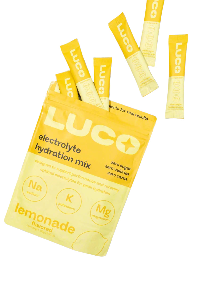 LUCO lemonade electrolyte hydration mix - yellow bag with multiple stick packets displayed on a white background