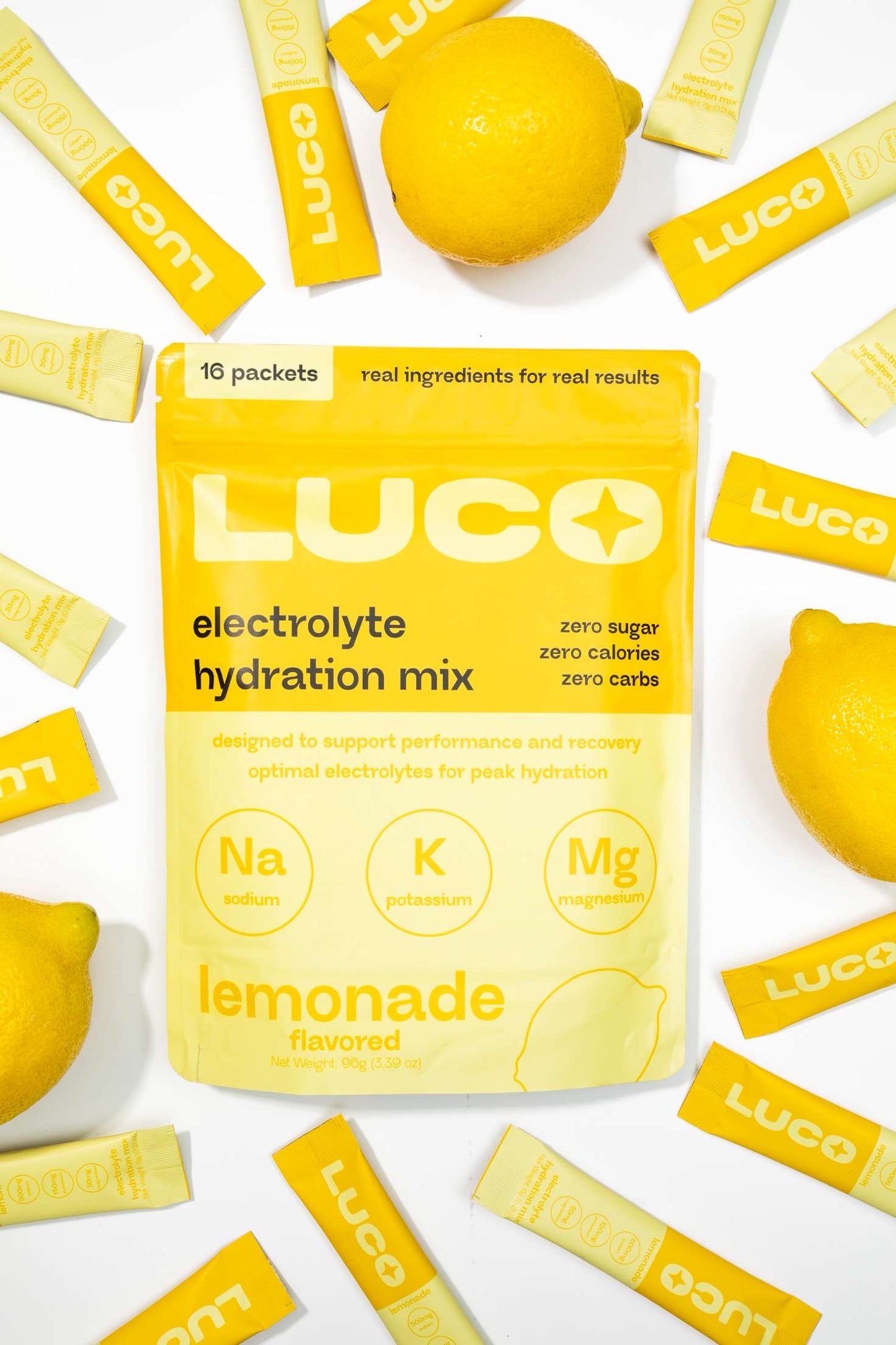 LUCO lemonade electrolyte hydration mix - yellow bag with stick packets surrounded by lemons on a white background