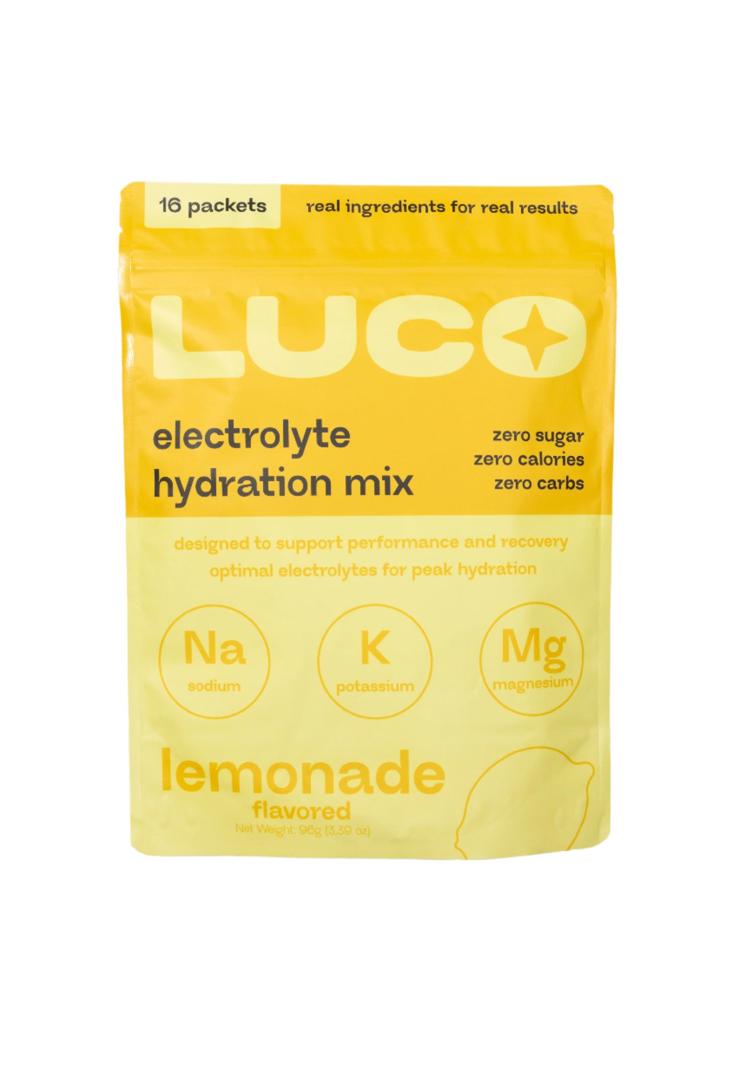 LUCO lemonade electrolyte hydration mix - yellow bag with 16 stick packets on white background