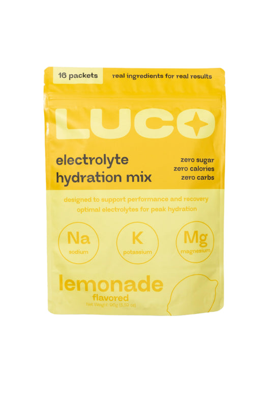 LUCO lemonade electrolyte hydration mix - yellow bag with 16 stick packets on white background