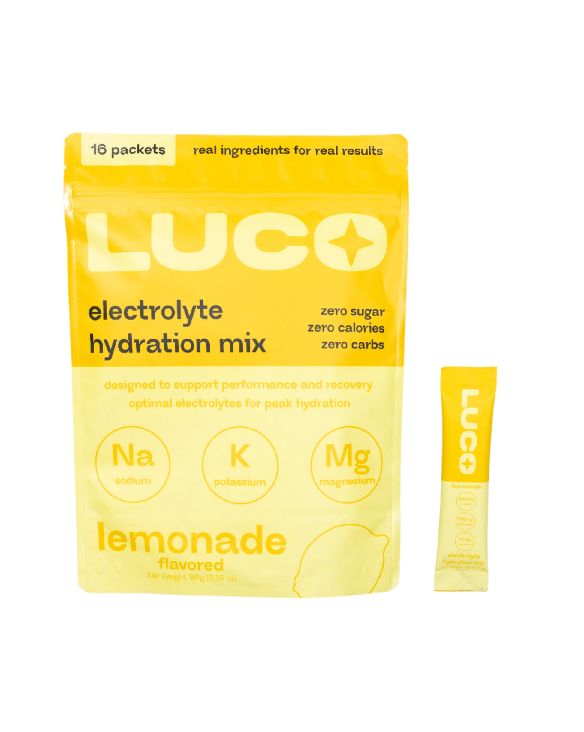 LUCO lemonade electrolyte hydration mix - yellow bag with one stick packet displayed on a white background