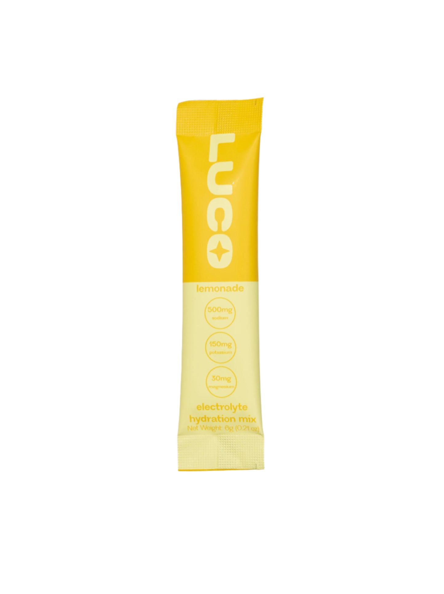 LUCO lemonade electrolyte hydration mix - single yellow stick packet on a white background