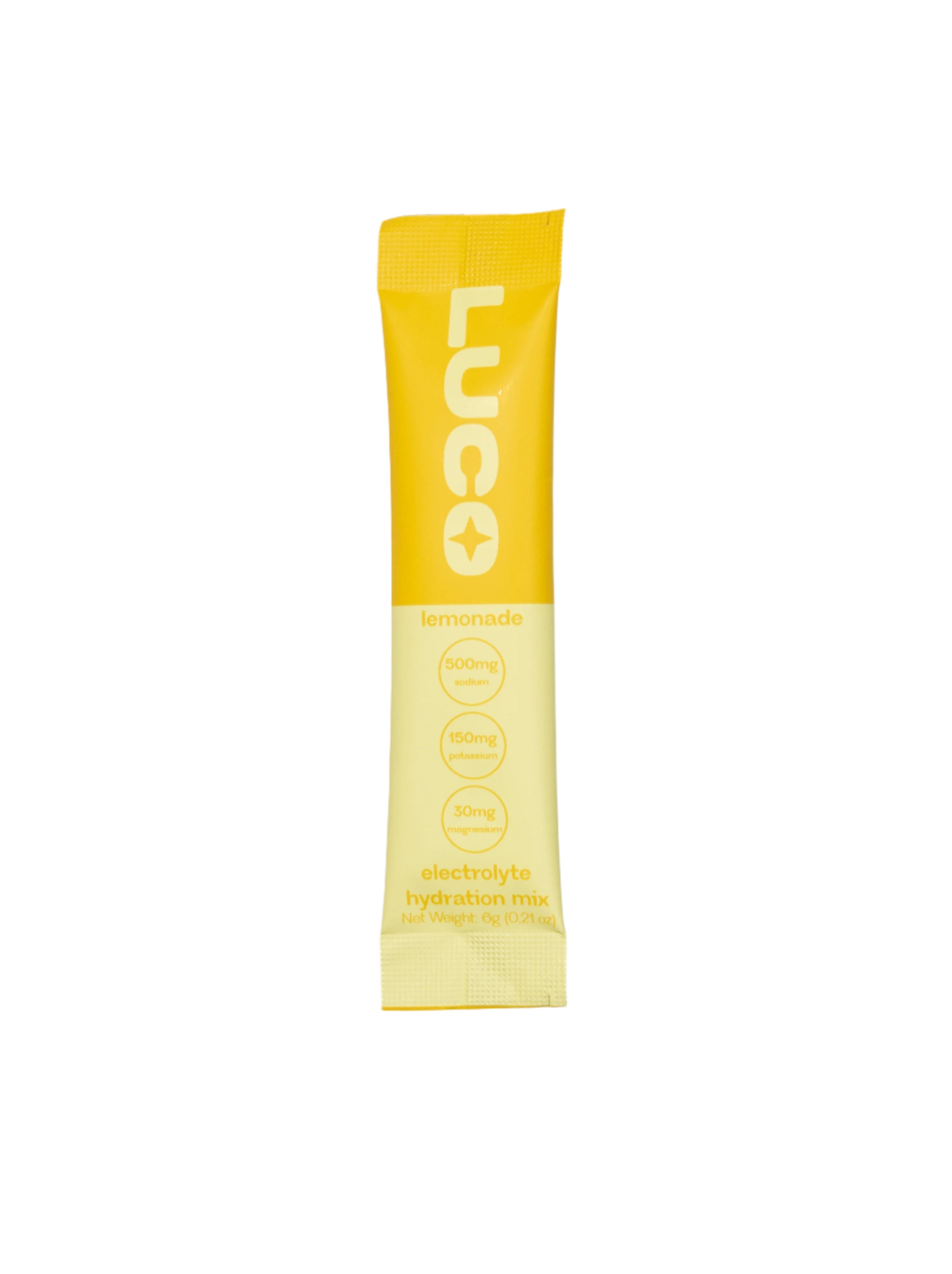 LUCO lemonade electrolyte hydration mix - single yellow stick packet on a white background