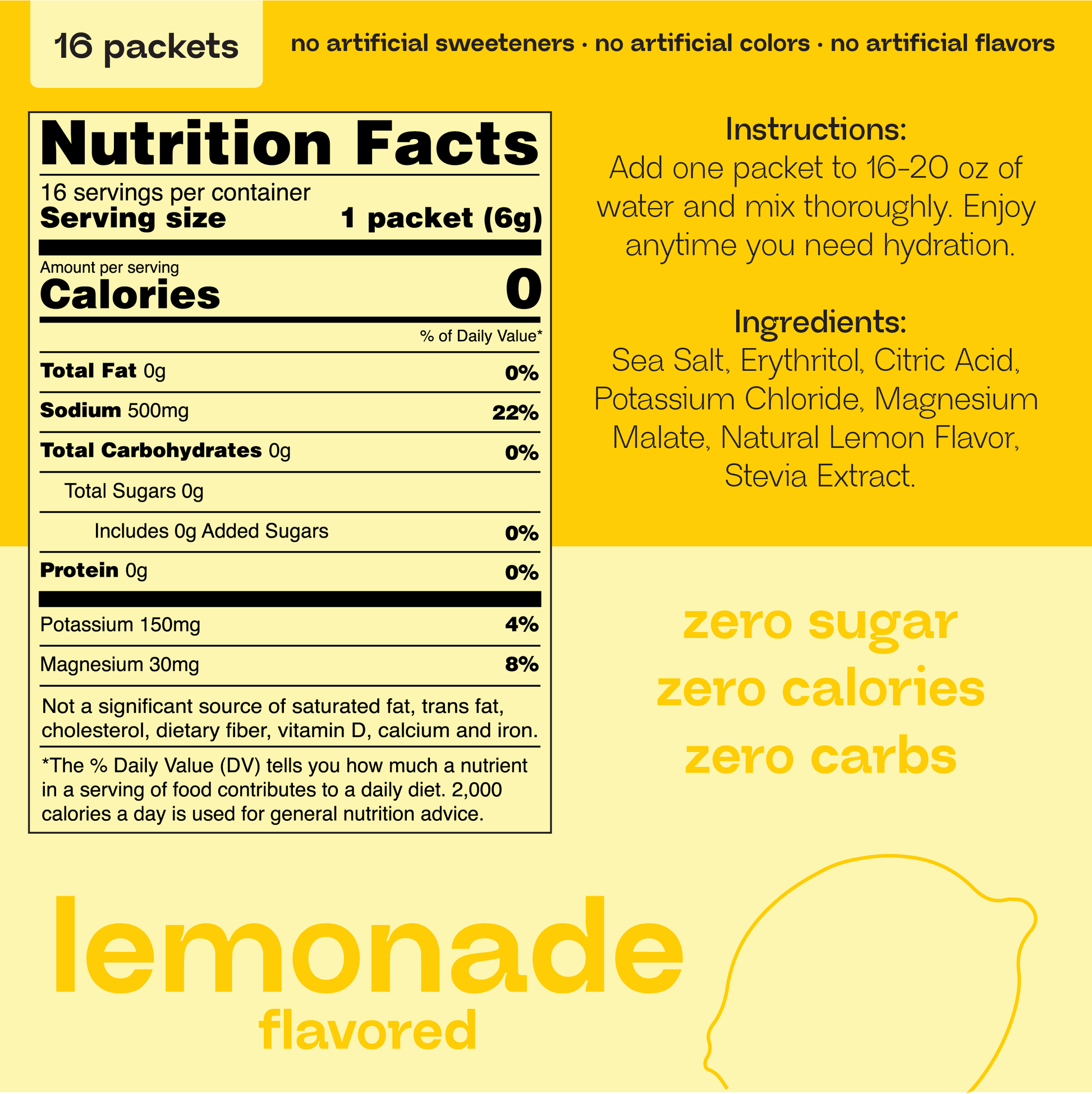 LUCO lemonade electrolyte hydration mix - nutrition facts, ingredients, and usage instructions on a yellow label